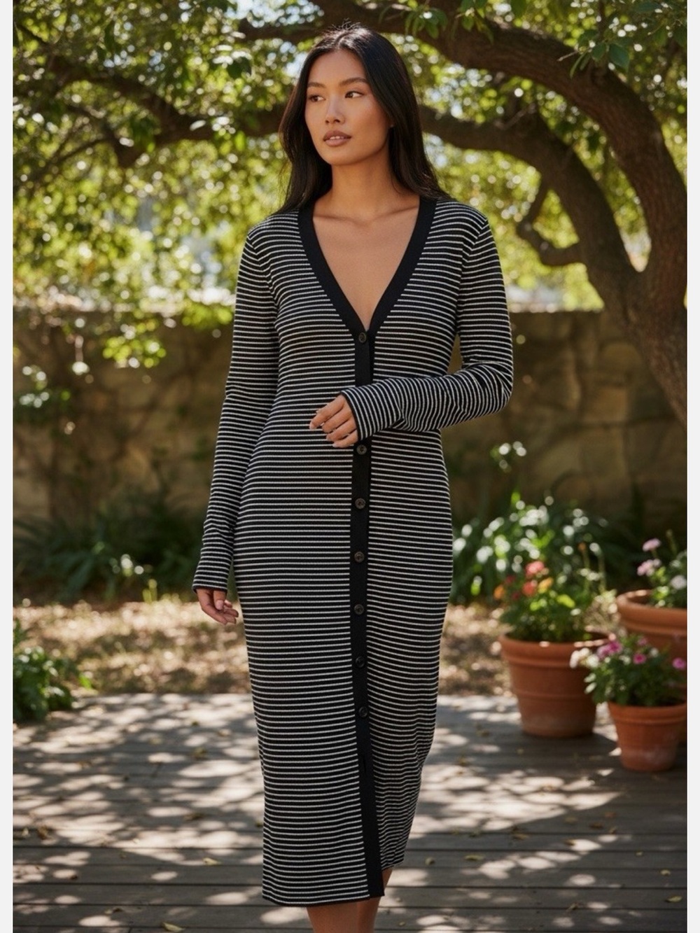 A new day sweater dress black white striped ribbed button XS